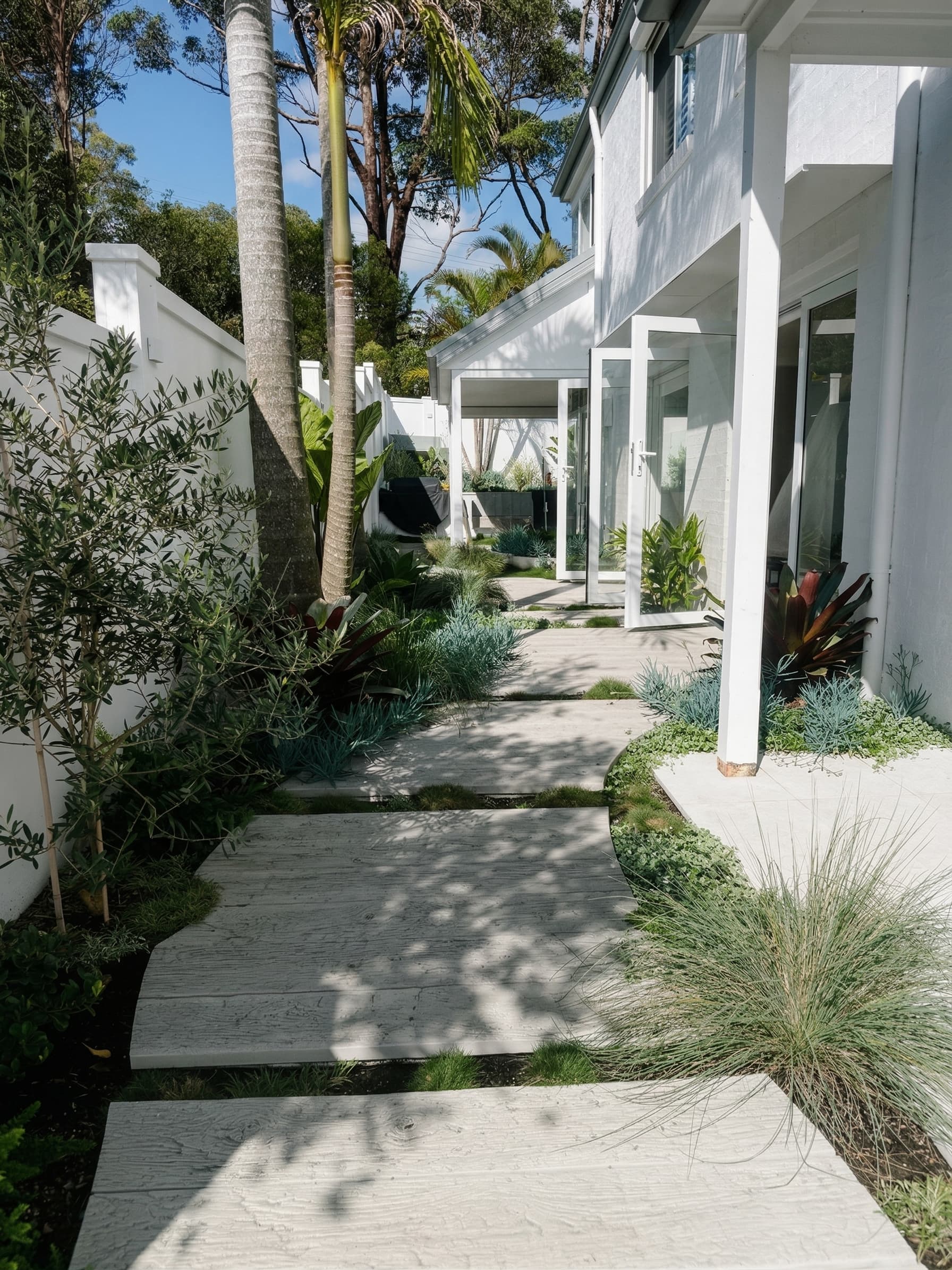 Contemporary garden path with large-format stepping stones, native silver grasses, and olive tree alongside a white-rendered home
