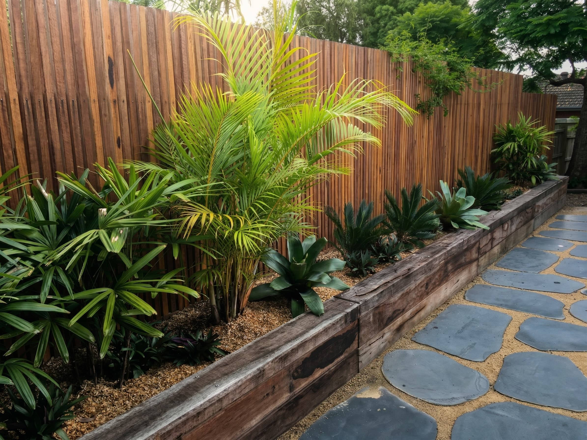 Tropical garden with recycled timber sleeper beds, golden palms, agaves, and bluestone crazy paving