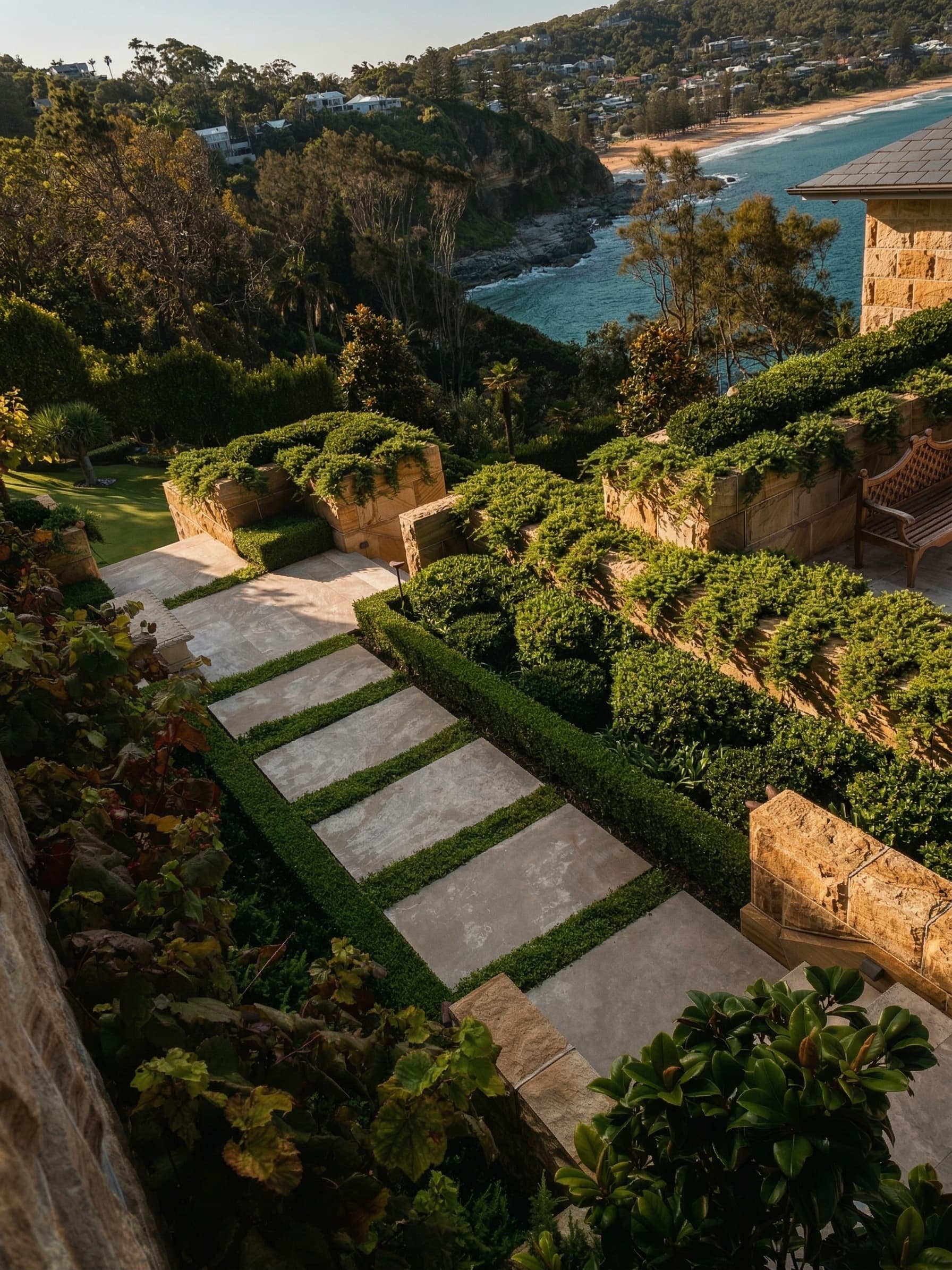 Terraced garden with sandstone walls and clipped hedging stepping down a headland toward the beach at golden hour